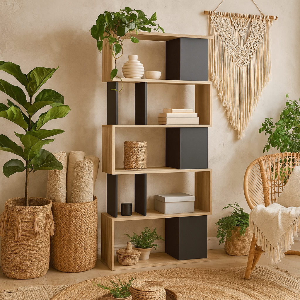 Taichung Natural Oak Effect and Black Asymmetrical Bookcase 5 Shelves