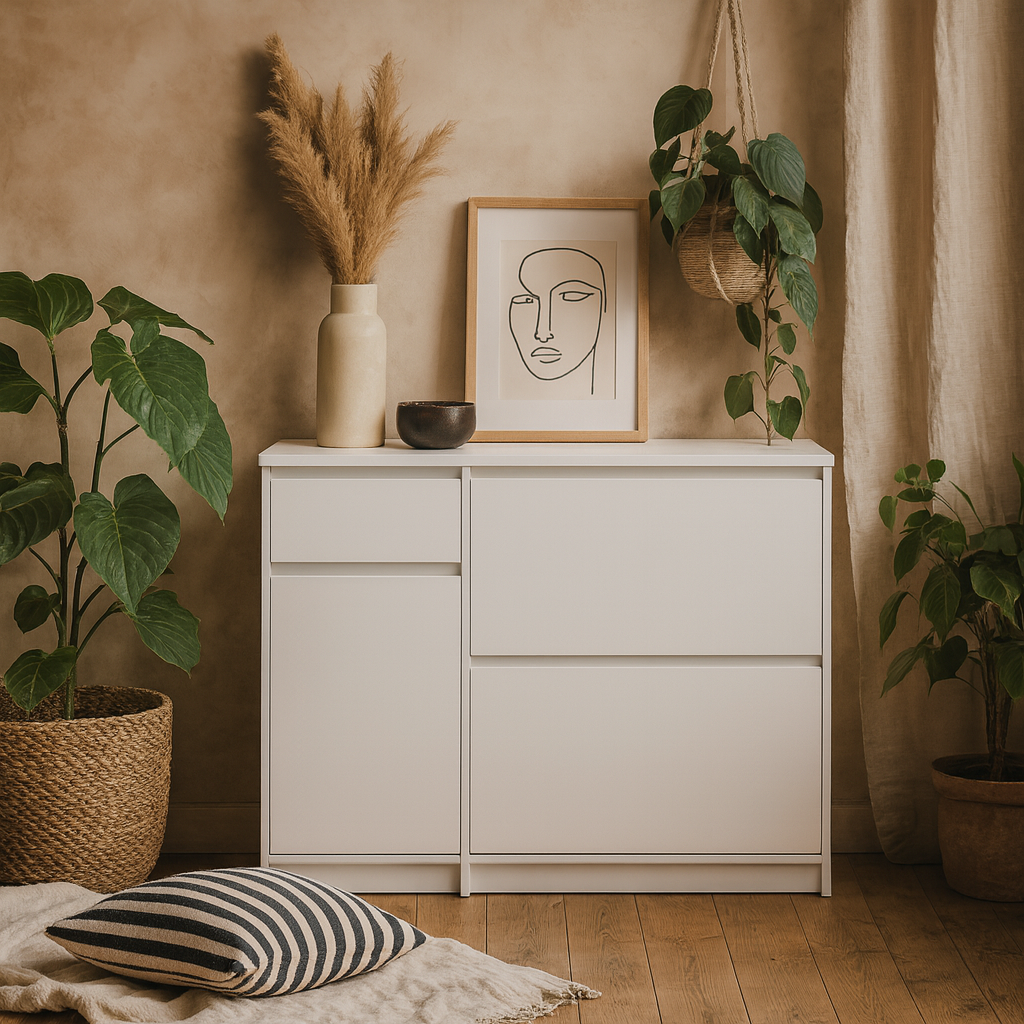 Budapest White Wooden Shoe Cabinet 3 Doors 1 Drawer