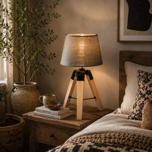 Narose Wood Grey Tripod Table Lamp With Fabric Shade And Base