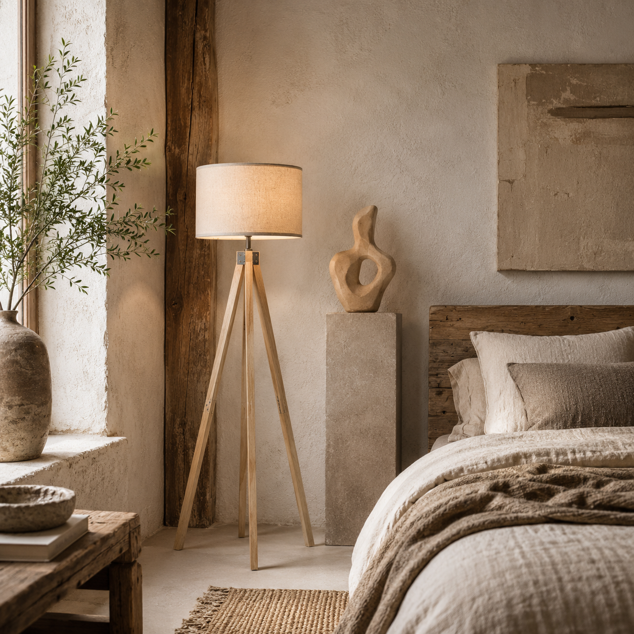 Tare Natural Wood And Fabric Beige Elegant Tripod Floor Lamp