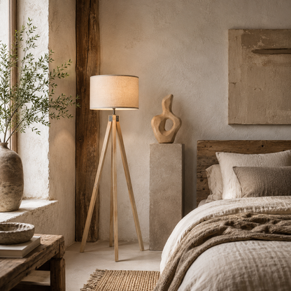 Tare Natural Wood And Fabric Beige Elegant Tripod Floor Lamp
