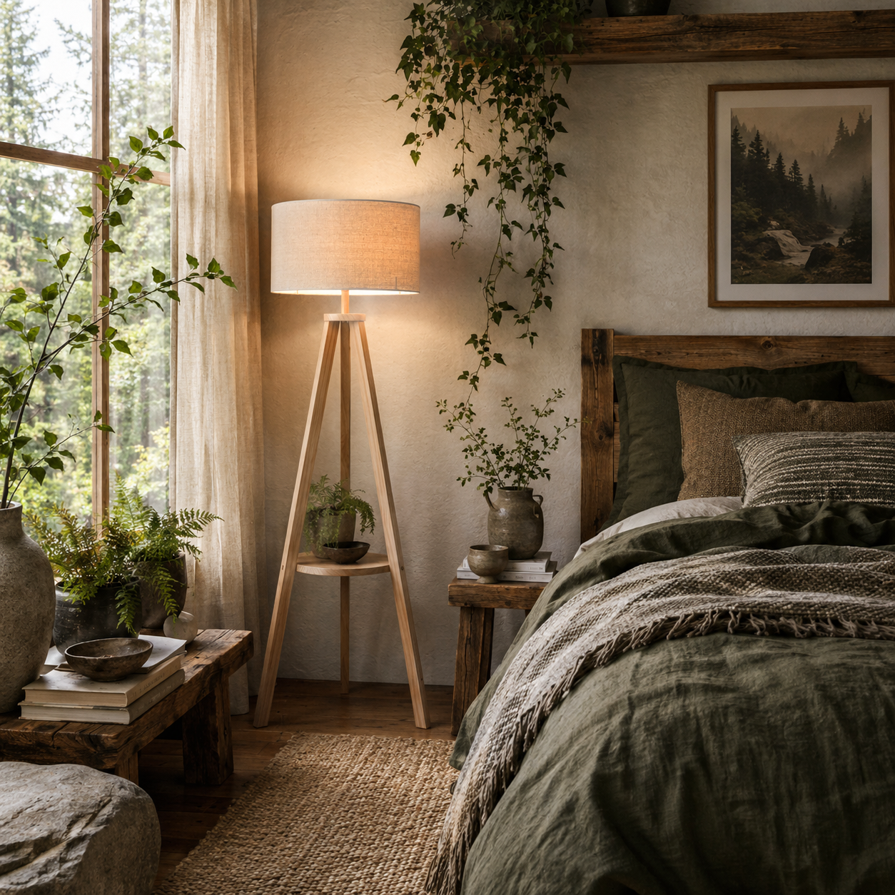 Laravi Natural Wood And Fabric Cream Tripod Floor Lamp With Shelf And Linen Shade 154 cm
