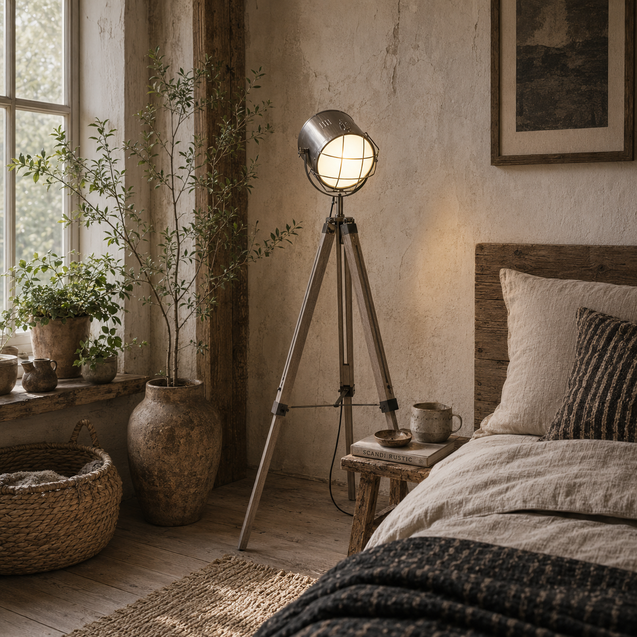 Lesado Zine Wood And Metal Grey Adjustable Tripod Floor Lamp With Spotlight Head
