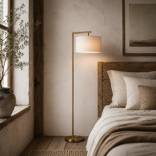 Kesu Rolo Metal And Fabric Gold And White Modern Floor Lamp With Linen Shade 153 cm