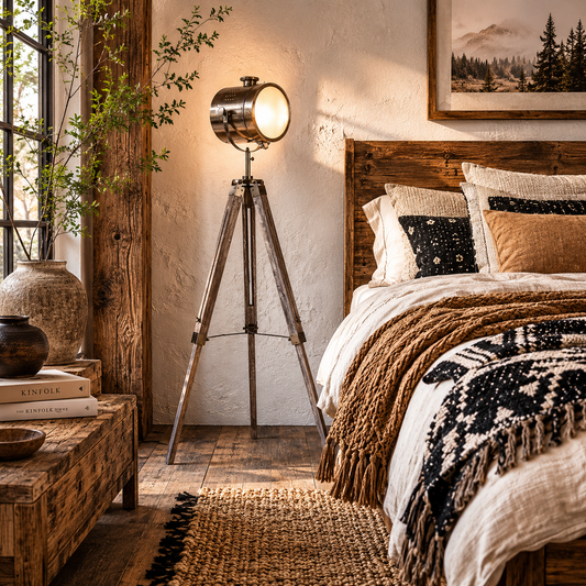 Sosureyo Wood And Metal Grey And Bronze Industrial Tripod Floor Lamp With Adjustable
