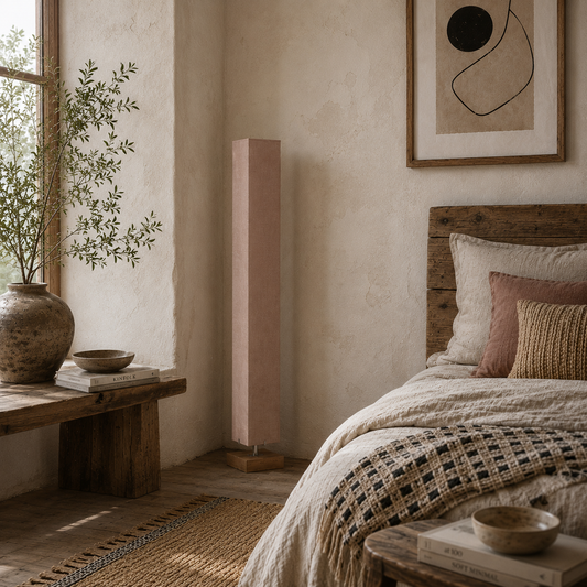 Talini Pine Wood And Fabric Natural Standing Floor Lamp With Linen Shade 120cm