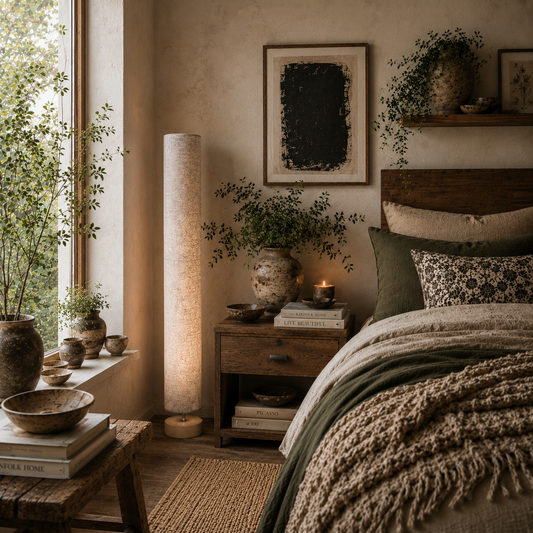 Luretti Wood And Fabric Grey Modern Standing Floor Lamp With Linen Shade 120cm