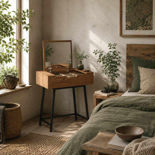 Fino Leri Natural Wood Industrial Vanity Desk With Flip Up Mirror And 6teen Storage Compartments