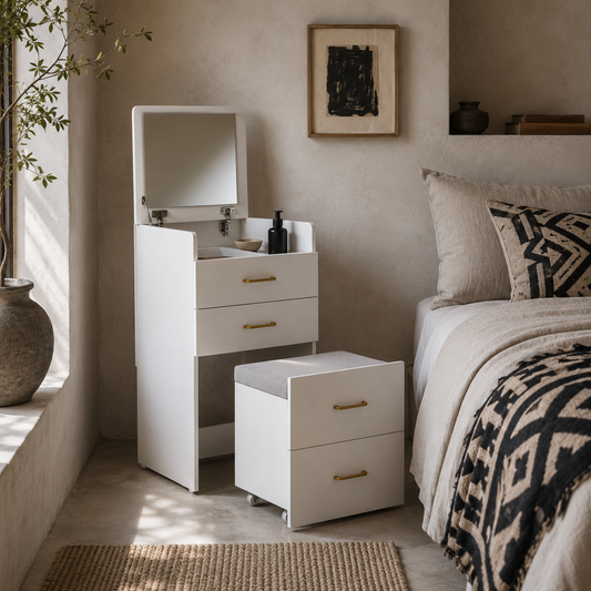 Yova White Compact Dressing Table And Stool Set With Storage