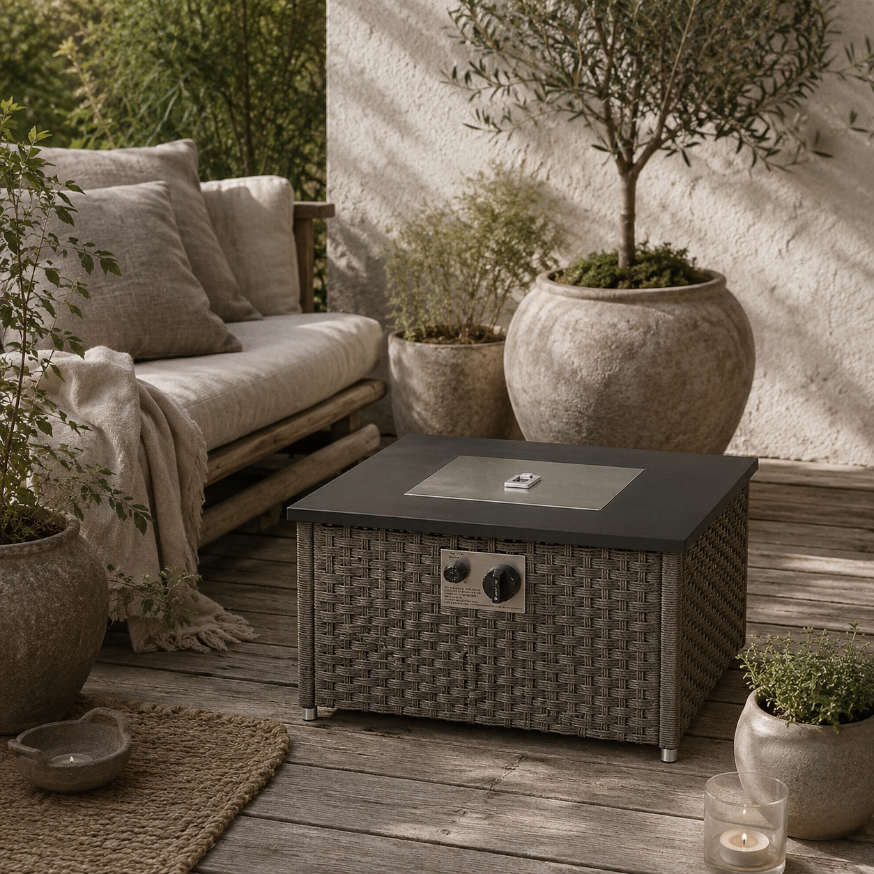 Lenaro Rattan Grey Square Gas Fire Pit Coffee Table 13 kW With Lid 58 x 58 x 33 cm