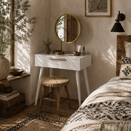 Sovaha White Elegant Dressing Table With Round Mirror 60 x 40 x 123cm