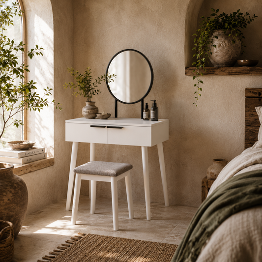 Comika White Dressing Table And Stool Set With Round Mirror 2 Drawers 60 x 40 x 123cm