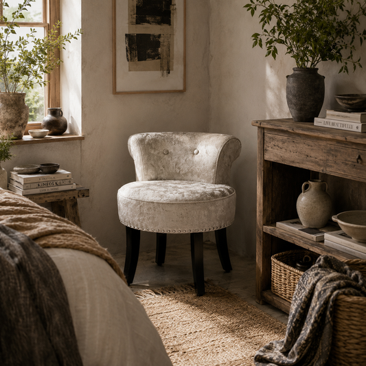 Salami Beige Velvet Dressing Table Stool With Rubber Wood Legs