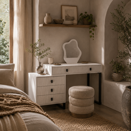 Nalomo White Vanity Desk With Leaf ShaFauxd Mirror 5 Drawers And 3 Colour LED Lighting