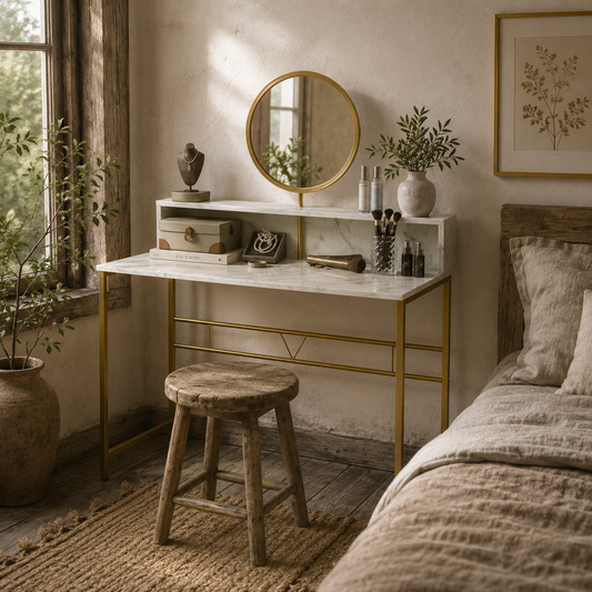 Toel White Faux Marble Dressing Table With Round Mirror Steel Frame And OFauxn Storage