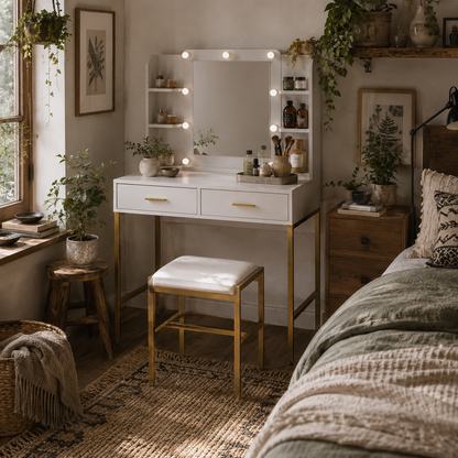 Doraro White LED Dressing Table With Lighted Mirror Cushioned Stool Drawers And Shelves