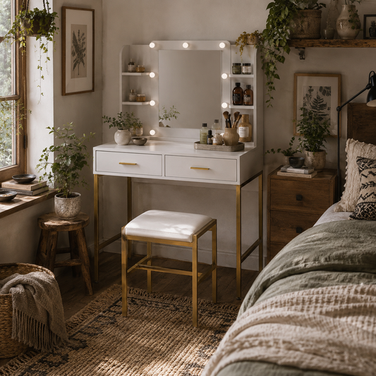 Doraro White LED Dressing Table With Lighted Mirror Cushioned Stool Drawers And Shelves