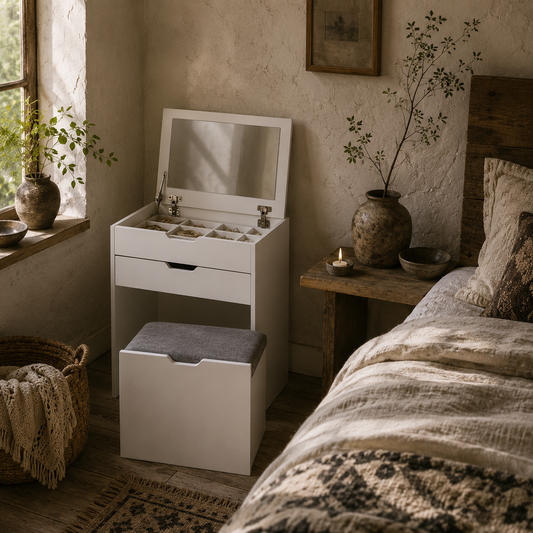 Nohadi White Dressing Table With Flip Up Mirror Hidden Storage Compartments And Drawer Unit