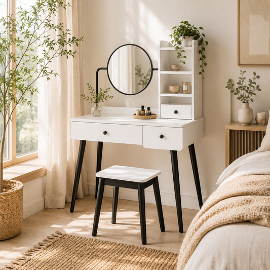 Viro White Dressing Table And Stool Set With 3 Drawers And Open Shelving