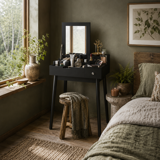 Sinotti Black Dressing Table With Flip Up Mirror 2 Drawers And Wood Legs