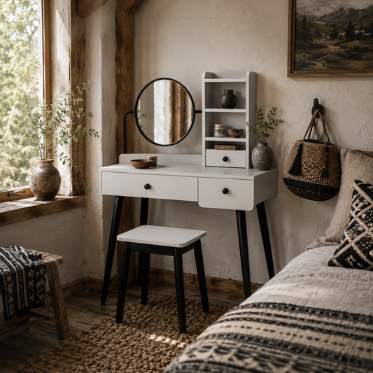Ravato Grey Dressing Table And Stool Set With 3 Drawers And Open Shelving