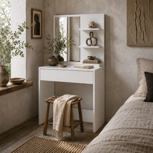 Ketoli White Dressing Table With Mirror And Integrated Storage Compartments