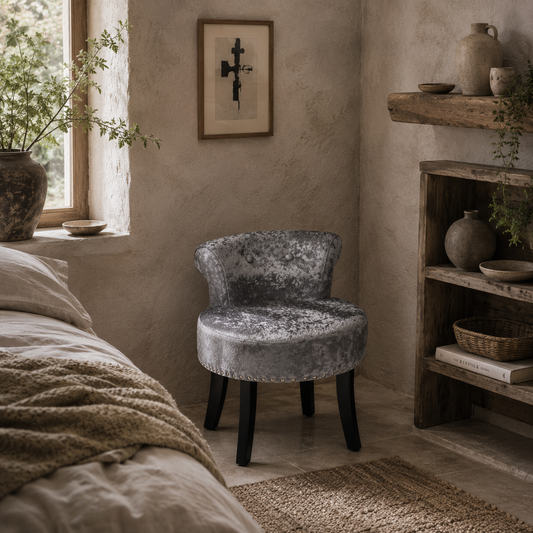 Mocareba Grey Velvet Dressing Table Stool With Rubber Wood Legs