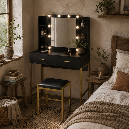 Taso Kana Black Dressing Table And Stool Set With Integrated Storage