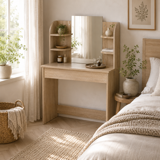 Vermani Natural Wood Dressing Table Desk With Mirror Large Drawers And 2 Tier Open Shelving For Bedroom