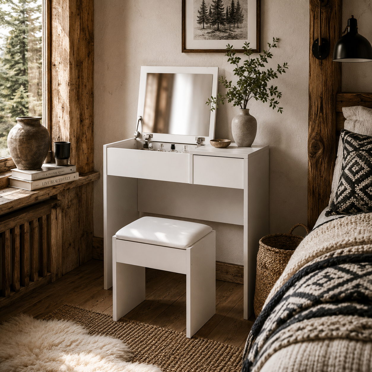 Firazzi White Vanity Desk With Flip Mirror Drawer Storage And Cushioned Stool
