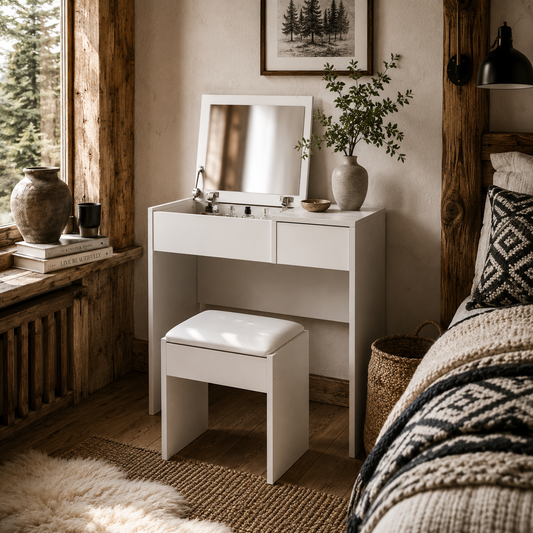 Firazzi White Vanity Desk With Flip Mirror Drawer Storage And Cushioned Stool