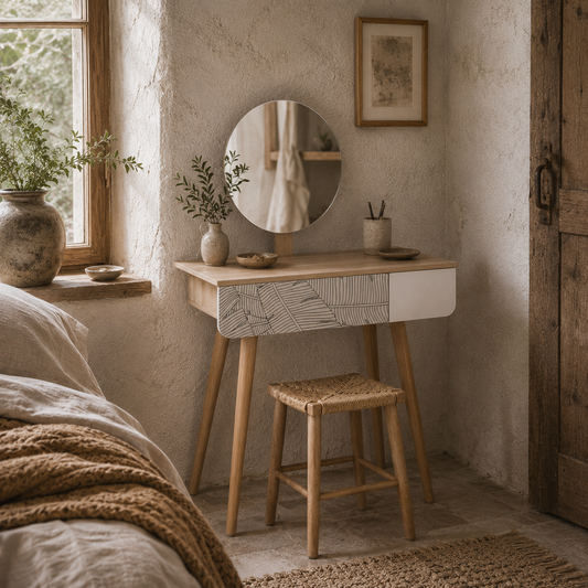 Zino Oak Wood Botanical Pattern Dressing Table With Adjustable Mirror And Drawer Storage For Bedroom