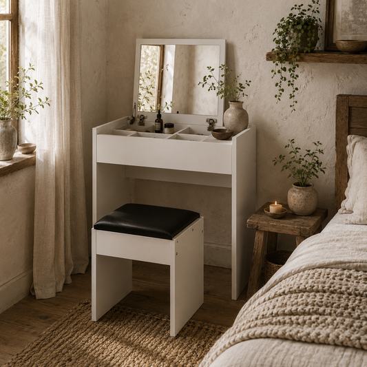 Nolena White Wood Vanity Table With Flip Up Mirror Padded Stool And Storage