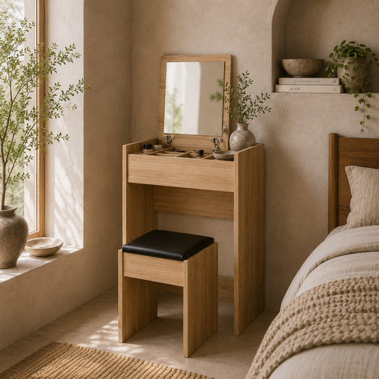 Nolena Natural Wood Vanity Desk With Flip Mirror Cushioned Stool And Storage