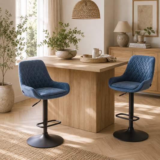 Sekamo Set Of 2 Dark Blue Faux Leather Retro Bar Chairs