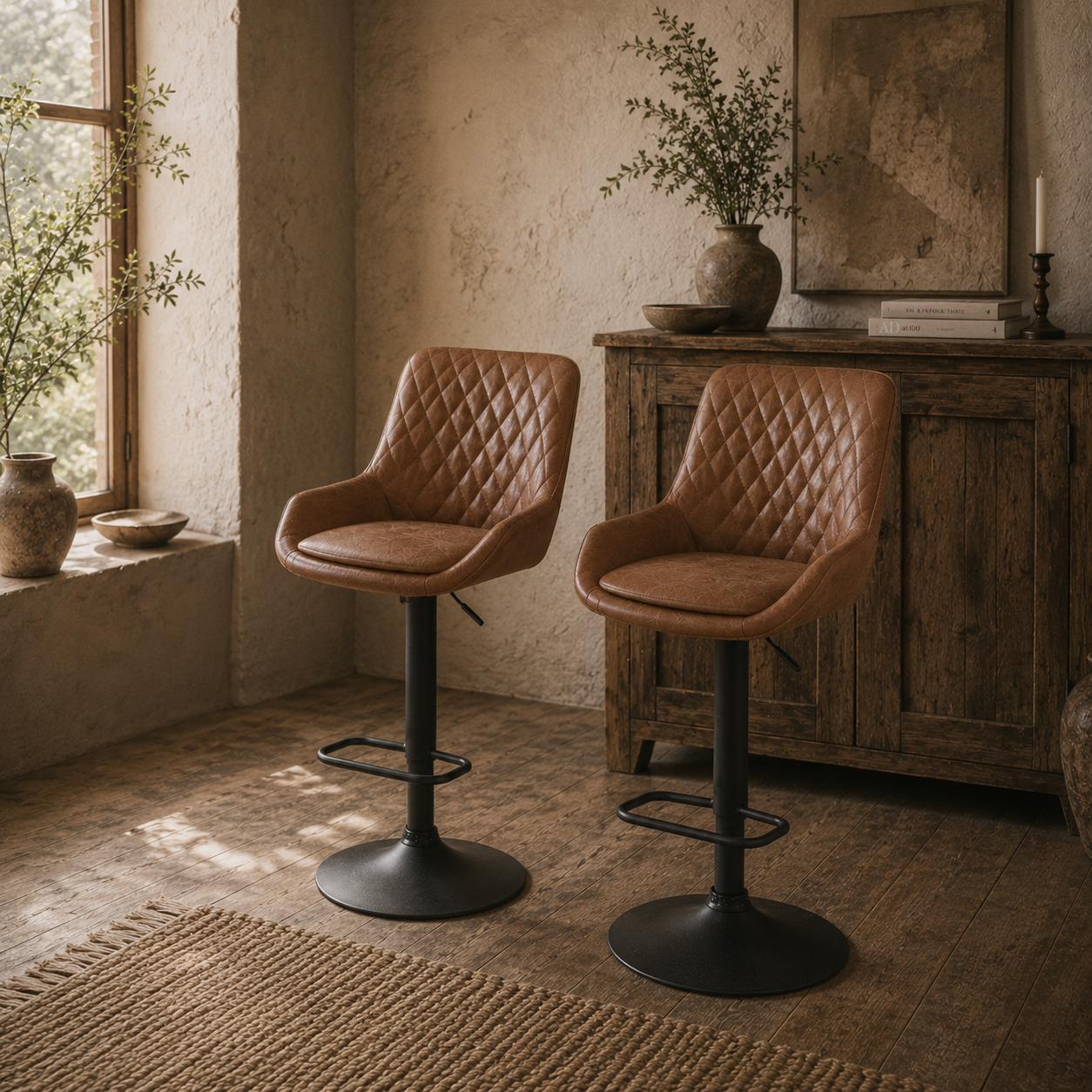Elel Sake Set Of 2 Orange Faux Leather Retro Style Bar Stools