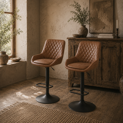 Elel Sake Set Of 2 Orange Faux Leather Retro Style Bar Stools