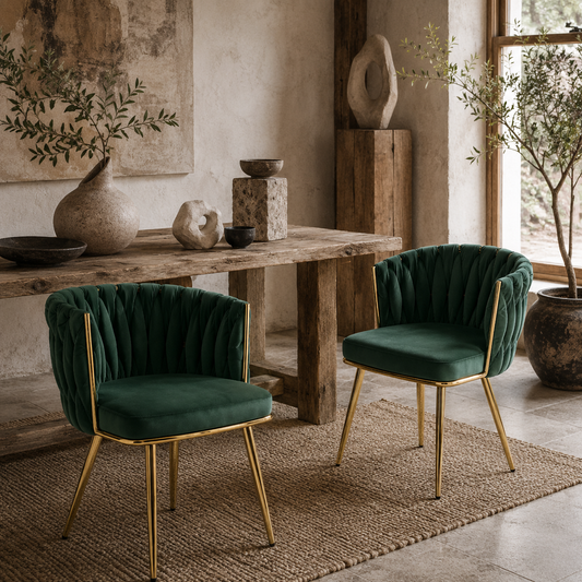 Sosura Set Of 2 Dark Green Velvet Upholstered Dining Chairs With Woven Backrest