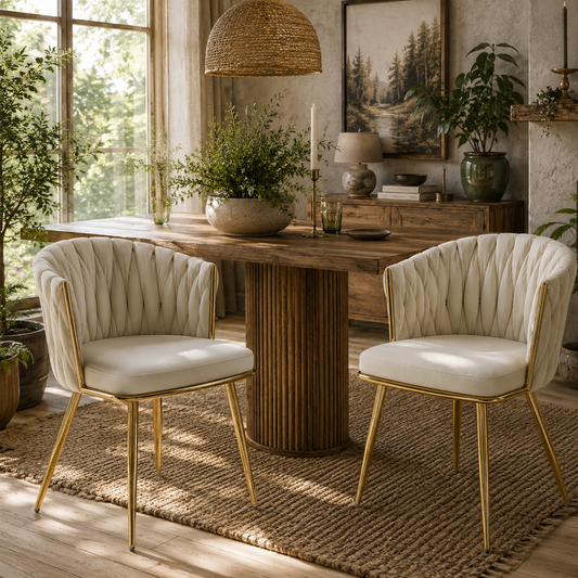 Sosura Set Of 2 Cream Velvet Upholstered Dining Chairs With Woven Back And Armrests