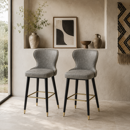 Finomo Set Of 2 Grey Faux Leather Bar Stools With Wooden Legs And Footrest