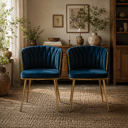 Sosura Set Of 2 Dark Blue Velvet Upholstered Dining Chairs With Woven Back And Arms