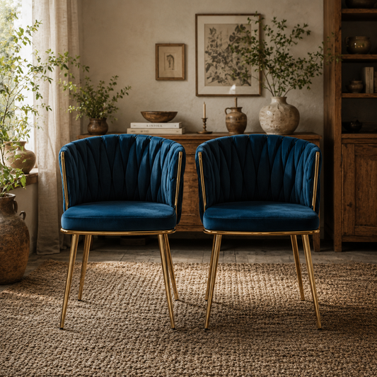 Sosura Set Of 2 Dark Blue Velvet Upholstered Dining Chairs With Woven Back And Arms