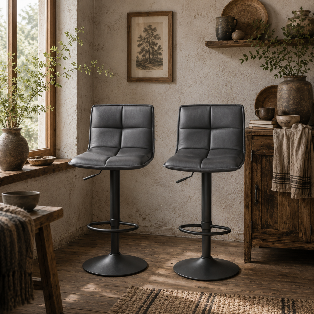 Miha Set Of 2 Dark Grey Modern Faux Leather Bar Chairs
