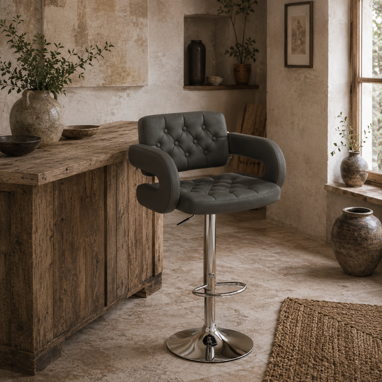 Sacorte Grey Faux Leather Adjustable Swivel Bar Stool With Armrests