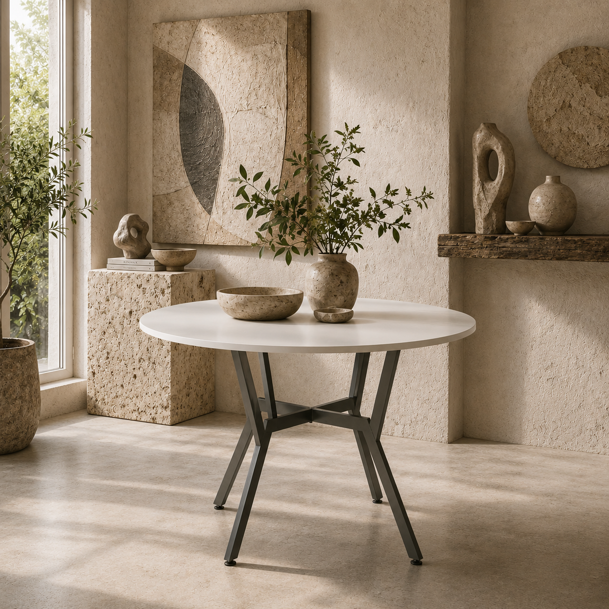Terretti High Gloss White Round Dining Table With Black Metal Legs 90cm