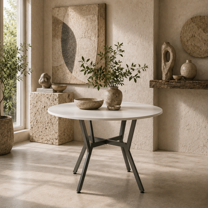 Terretti High Gloss White Round Dining Table With Black Metal Legs 90cm