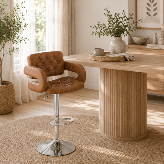 Dovetti Brown Faux Leather Adjustable Swivel Bar Stool With Back And Arms