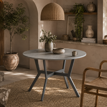 Donato Grey Round Dining Table With Black Metal Legs And Anti Slip Feet 90cm