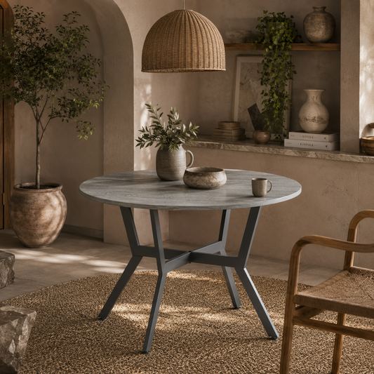 Donato Grey Round Dining Table With Black Metal Legs And Anti Slip Feet 90cm