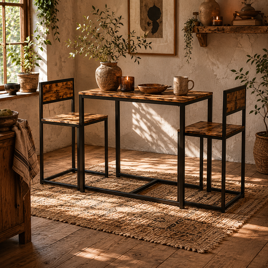 Doel 3 Piece Rustic Brown Wood Effect Table And Stool Set